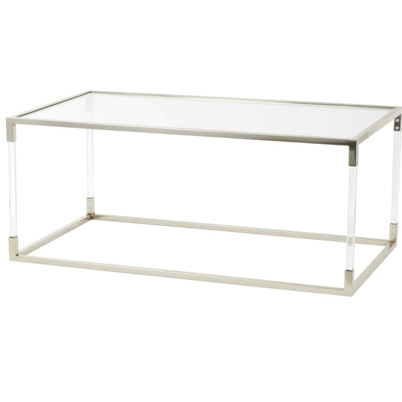 46" Silver Metal Minimalistic Open Framed Living Room Coffee Table with Clear Glass Top & Acrylic Legs
